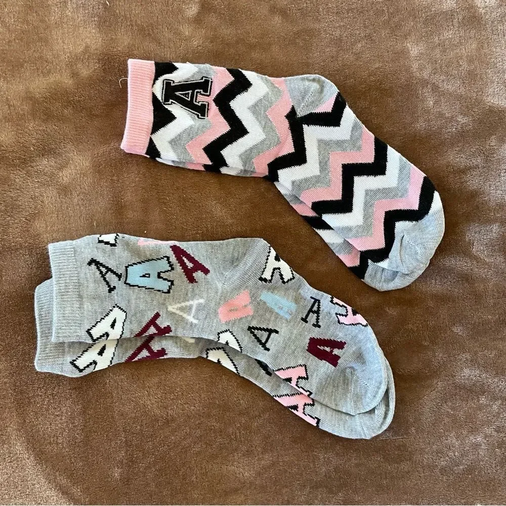 Patterned Girl’s Socks - Pink, Black, Gray with Zig Zag and Letter Size 13 1/2-4